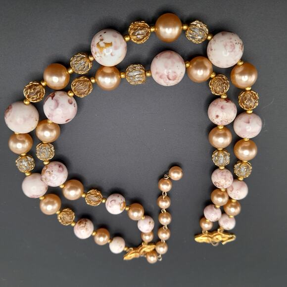 Vintage Deauville Art Bead Necklace, Faux Pearl Beads, Pink White Gold, 1960s - Picture 9 of 11